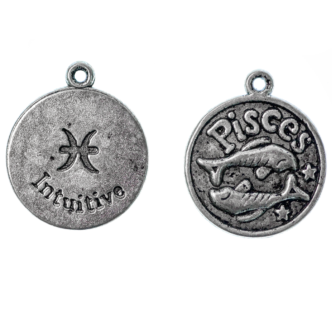 Zodiac Pendants/Charms, 17.4mm round, 1.5mm thick, 1.5mm hole, Double Sided, Silver Alloy, 5pcs/bag