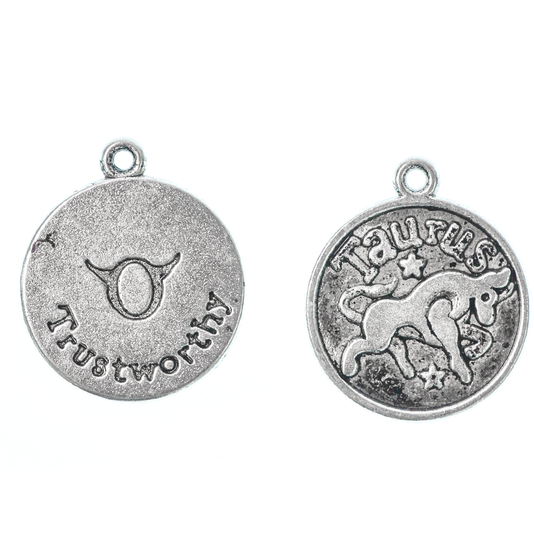 Zodiac Pendants/Charms, 17.4mm round, 1.5mm thick, 1.5mm hole, Double Sided, Silver Alloy, 5pcs/bag