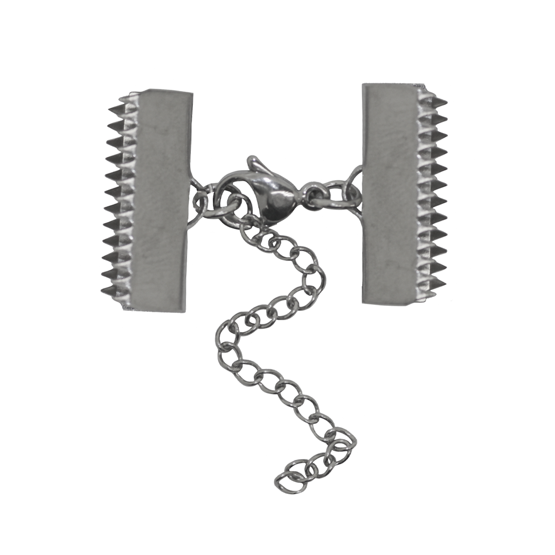 Ribbon Leather Cord End Set With Clasp and Chain, Stainless Steel, Silver, 8.5mm x 20mm, 4 Set