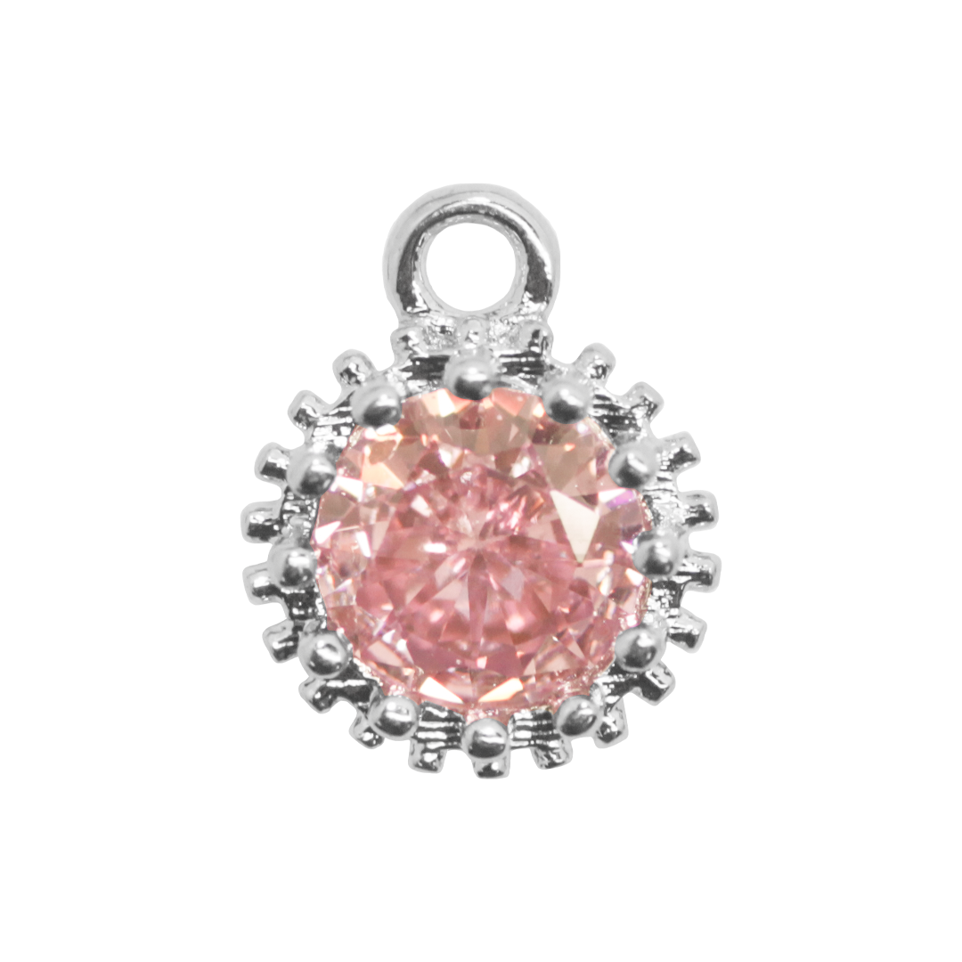 Charm, Round Pink Zircon, Silver-Plated, 9mm x 7mm, Sold Per pkg of 1