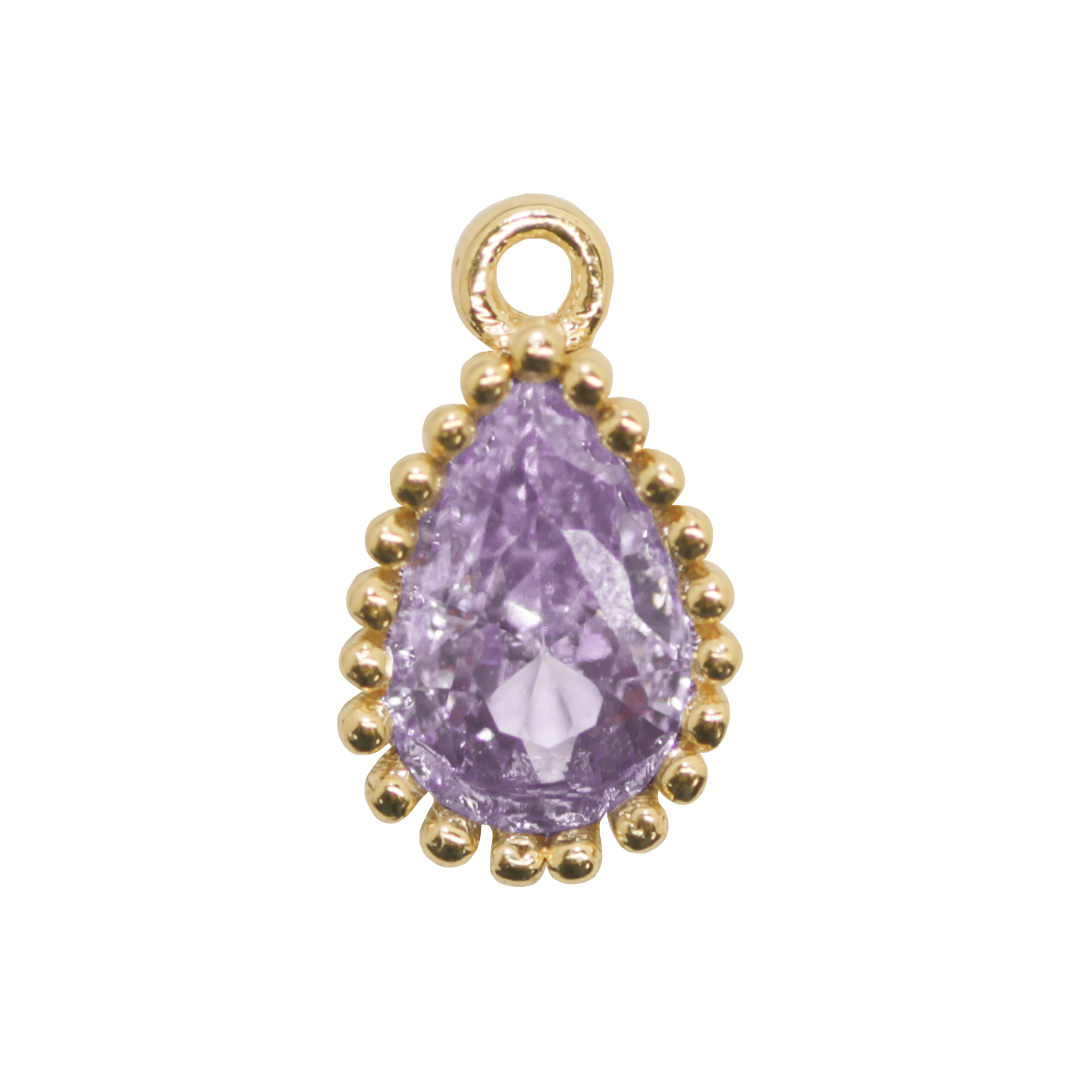 Charm, Drop Light Purple Zircon, Gold-Plated, 9mm x 5mm, Sold Per pkg of 1