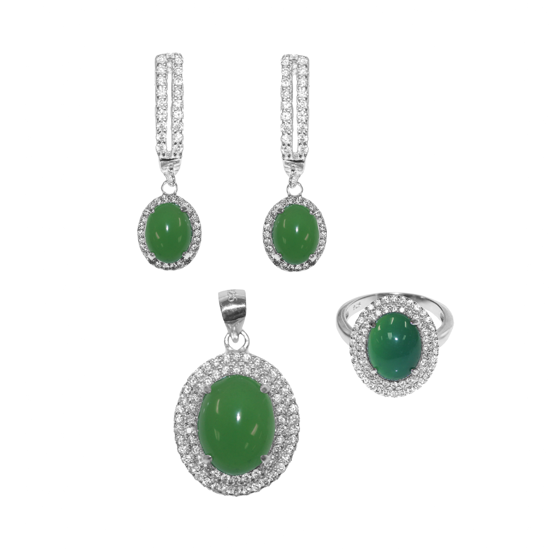 Synthetic Jade Set, Sterling Silver with Rhodium, 12mm x 10mm Earrings, 17mm x 15mm Pendant, Size 9 Ring, Available in Multiple Colours, Sold Per pkg of 1 set