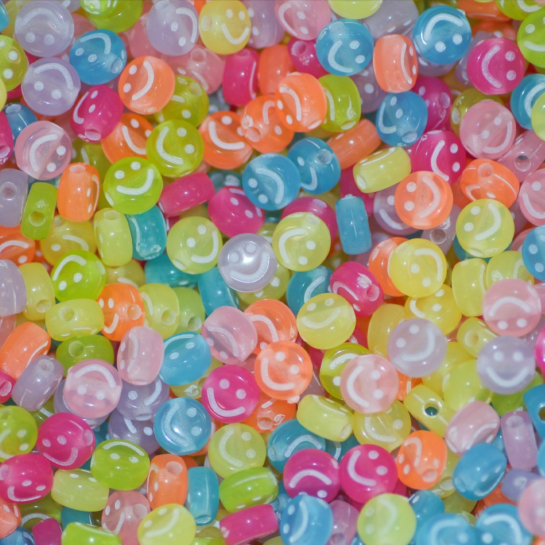 Plastic Beads Bulk Bag, Flat Round with Smiley Face, Mixed Colours, 6.5mm, Sold Per pkg of Approx 1300
