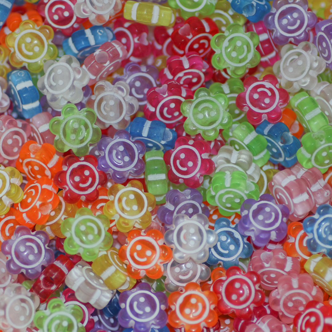 Plastic Beads Bulk Bag, Flower with Smiley Face, Transparent, Mixed Colours, 10.5mm x 10mm, Sold Per pkg of Approx 500
