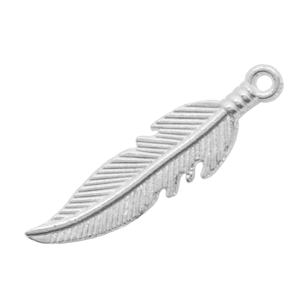 Charms, Feather, Bright Silver, Alloy, 26mm x 6.5mm x 1mm, Sold Per pkg of 20
