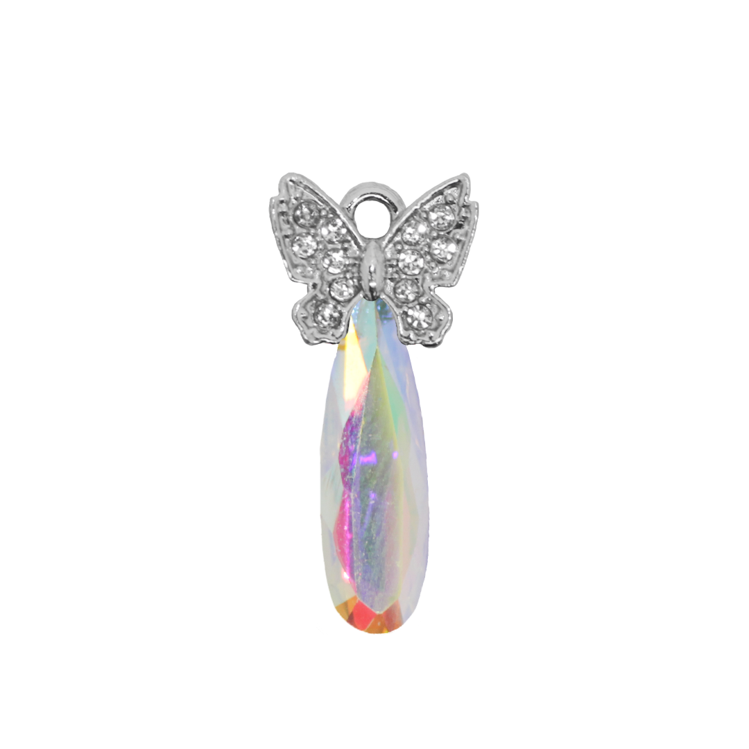 Glass Crystal Teardrop Pendant, Rhinestone Butterfly, Silver, Alloy, 26mm x 12.5mm x 5.5mm, Sold Per pkg of 5, Available in Multiple Colours