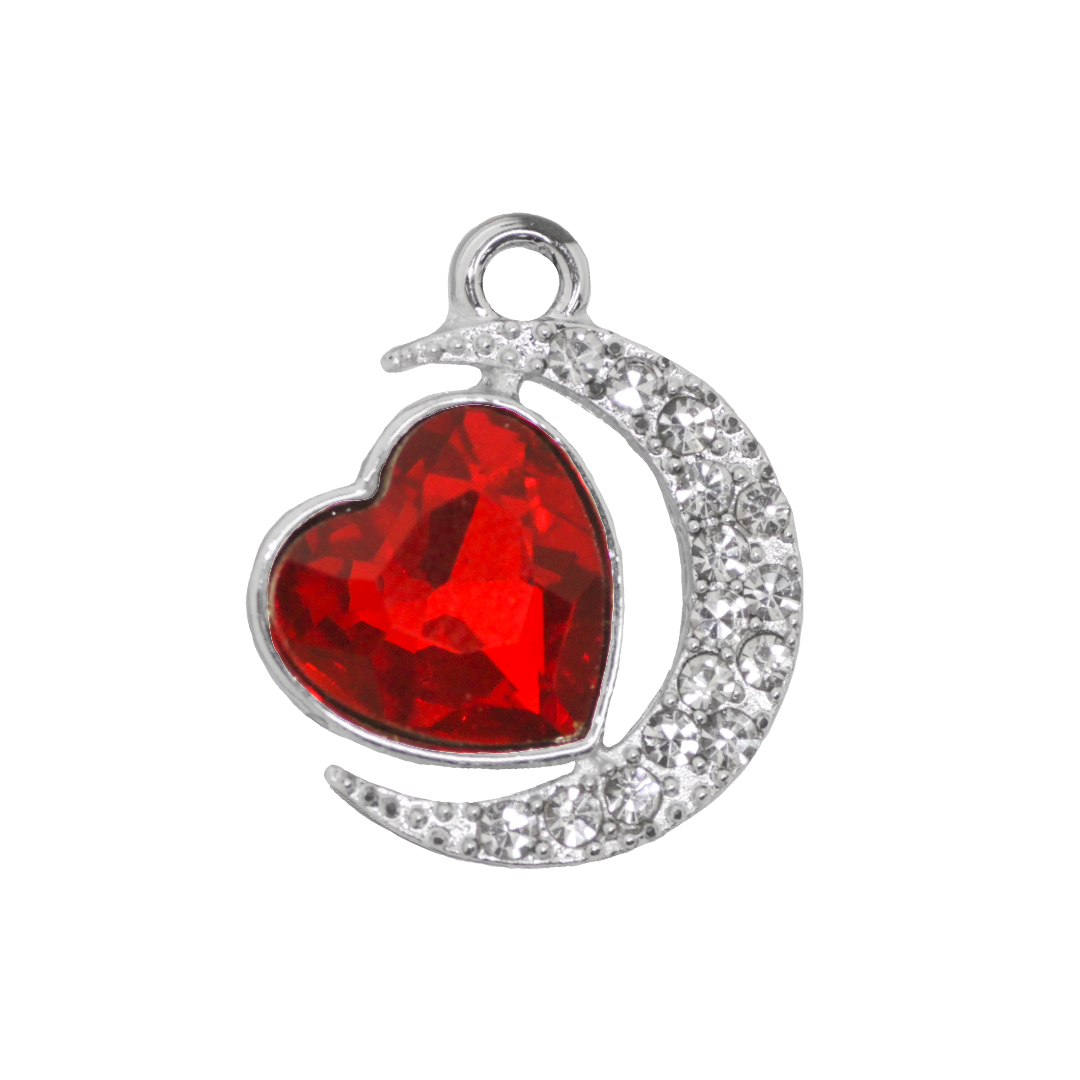 Glass Crystal Heart Pendant, Rhinestone Moon, Silver, Alloy, 19.5mm x 16.5mm x 6mm, Sold Per pkg of 6, Available in Multiple Colours