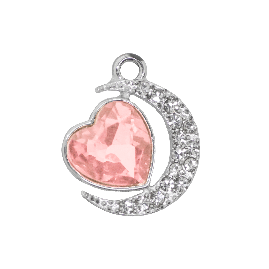 Glass Crystal Heart Pendant, Rhinestone Moon, Silver, Alloy, 19.5mm x 16.5mm x 6mm, Sold Per pkg of 6, Available in Multiple Colours