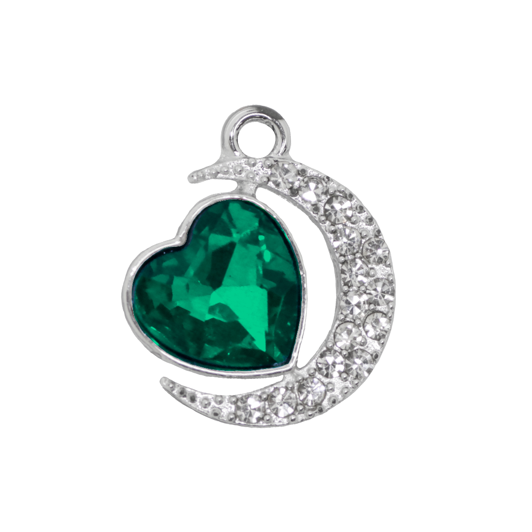 Glass Crystal Heart Pendant, Rhinestone Moon, Silver, Alloy, 19.5mm x 16.5mm x 6mm, Sold Per pkg of 6, Available in Multiple Colours
