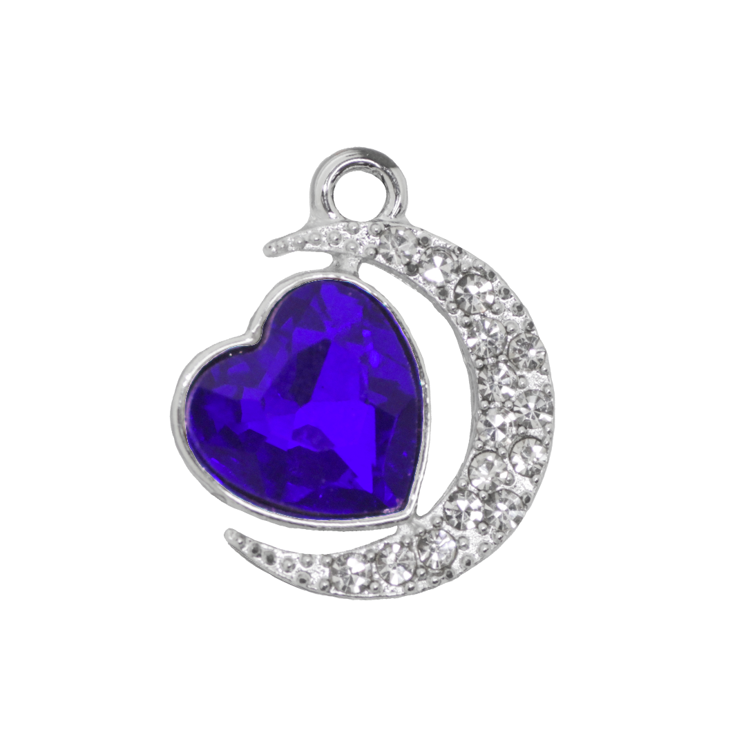 Glass Crystal Heart Pendant, Rhinestone Moon, Silver, Alloy, 19.5mm x 16.5mm x 6mm, Sold Per pkg of 6, Available in Multiple Colours