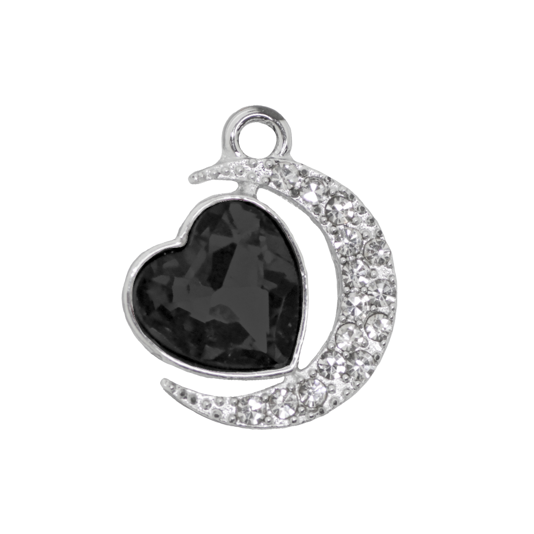 Glass Crystal Heart Pendant, Rhinestone Moon, Silver, Alloy, 19.5mm x 16.5mm x 6mm, Sold Per pkg of 6, Available in Multiple Colours