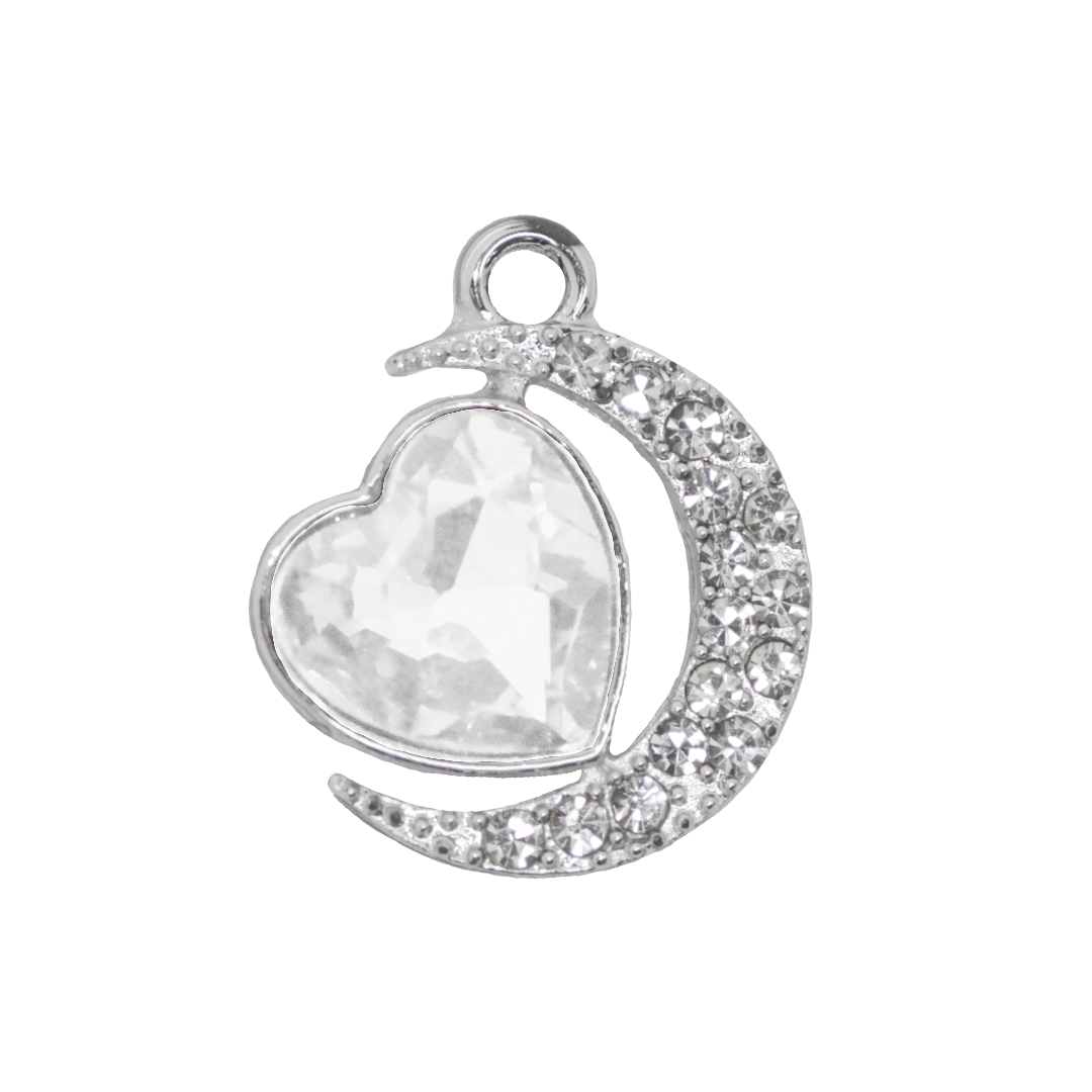 Glass Crystal Heart Pendant, Rhinestone Moon, Silver, Alloy, 19.5mm x 16.5mm x 6mm, Sold Per pkg of 6, Available in Multiple Colours