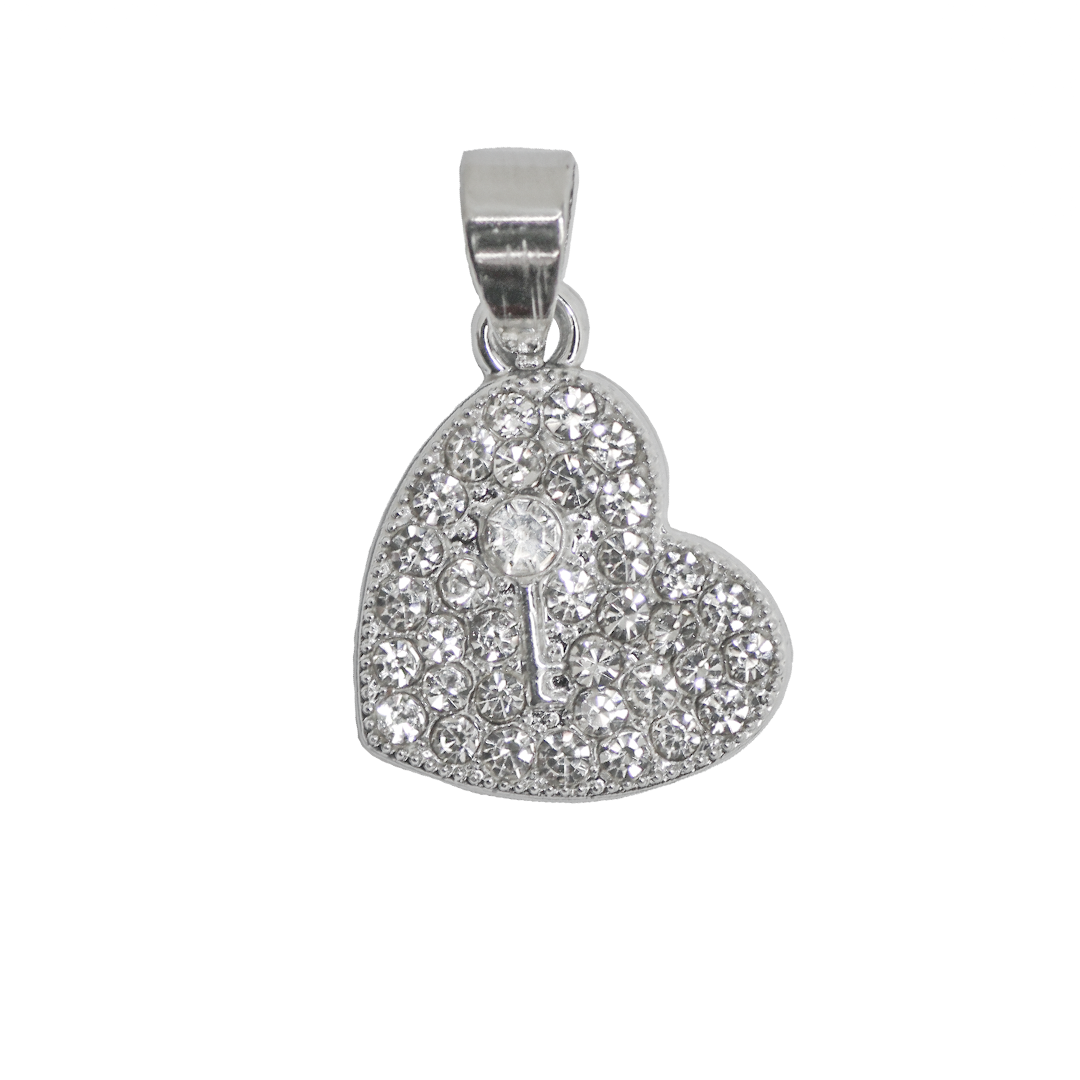 Pendant, Rhinestone Heart with Key, Silver, Alloy, 19.5mm x 15.5mm x 3mm, Sold Per pkg of 1