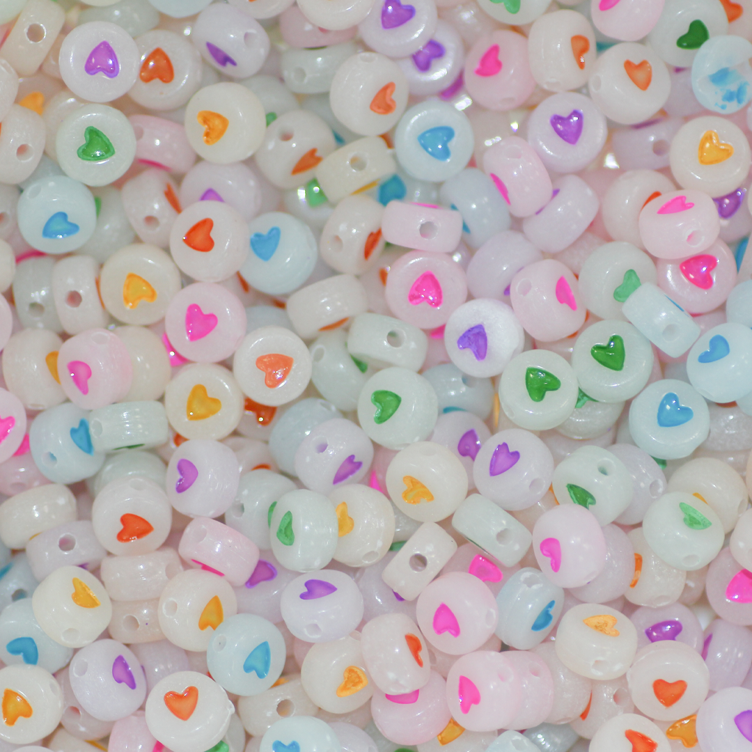 Plastic Beads Bulk Bag, Glow in the Dark, Flat Round with Heart, Mixed Colours, 7mm, Sold Per pkg of Approx 900