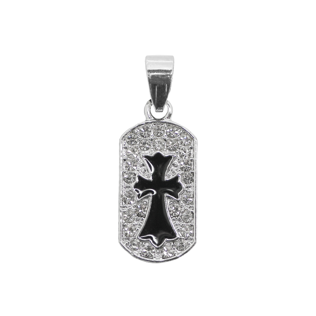 Pendant, Rhinestone Pendant with Black Enamel Cross, Silver, Alloy, 24.5mm x 11.5mm x 1.5mm, Sold Per pkg of 1