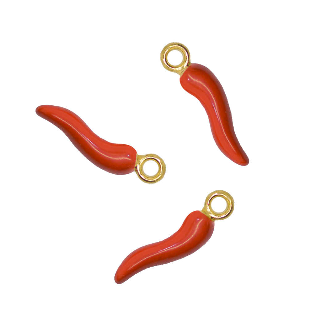 Pendant, Red Enamel Chilli, Gold, Alloy, 21mm x 5.5mm, Sold Per pkg of 10