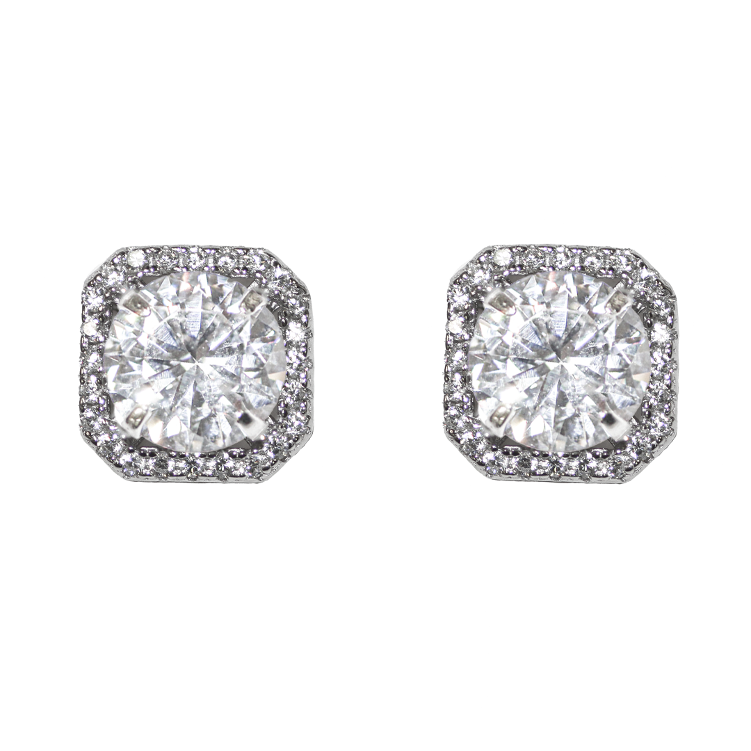 Earrings, Square Cubic Zirconia Stud, 925 Sterling Silver, 9.5mm, Sold per pkg of 1 pair