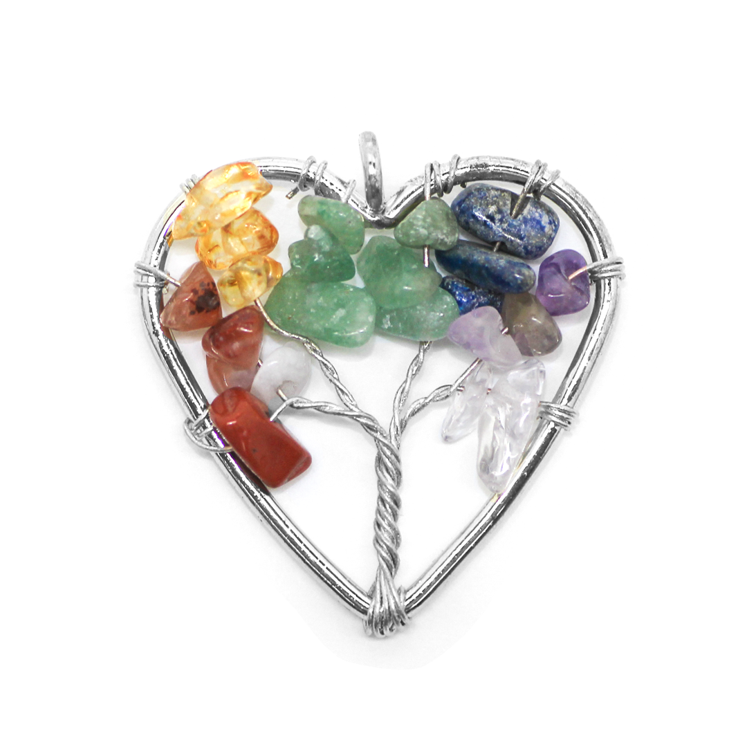 Heart Pendant, Tree of Life, Mixed Gemstones, Silver, Alloy, 30.5mm x 30mm, Sold Per pkg of 1