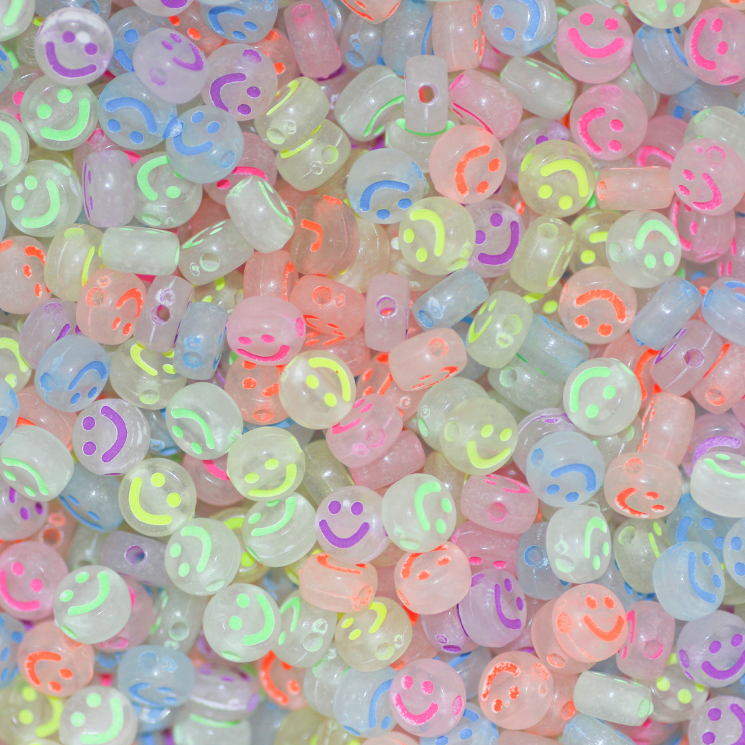 Plastic Beads Bulk Bag, Glow in the Dark, Flat Round with Smiley Face, Mixed Colours, 7mm, Sold Per pkg of Approx 1000