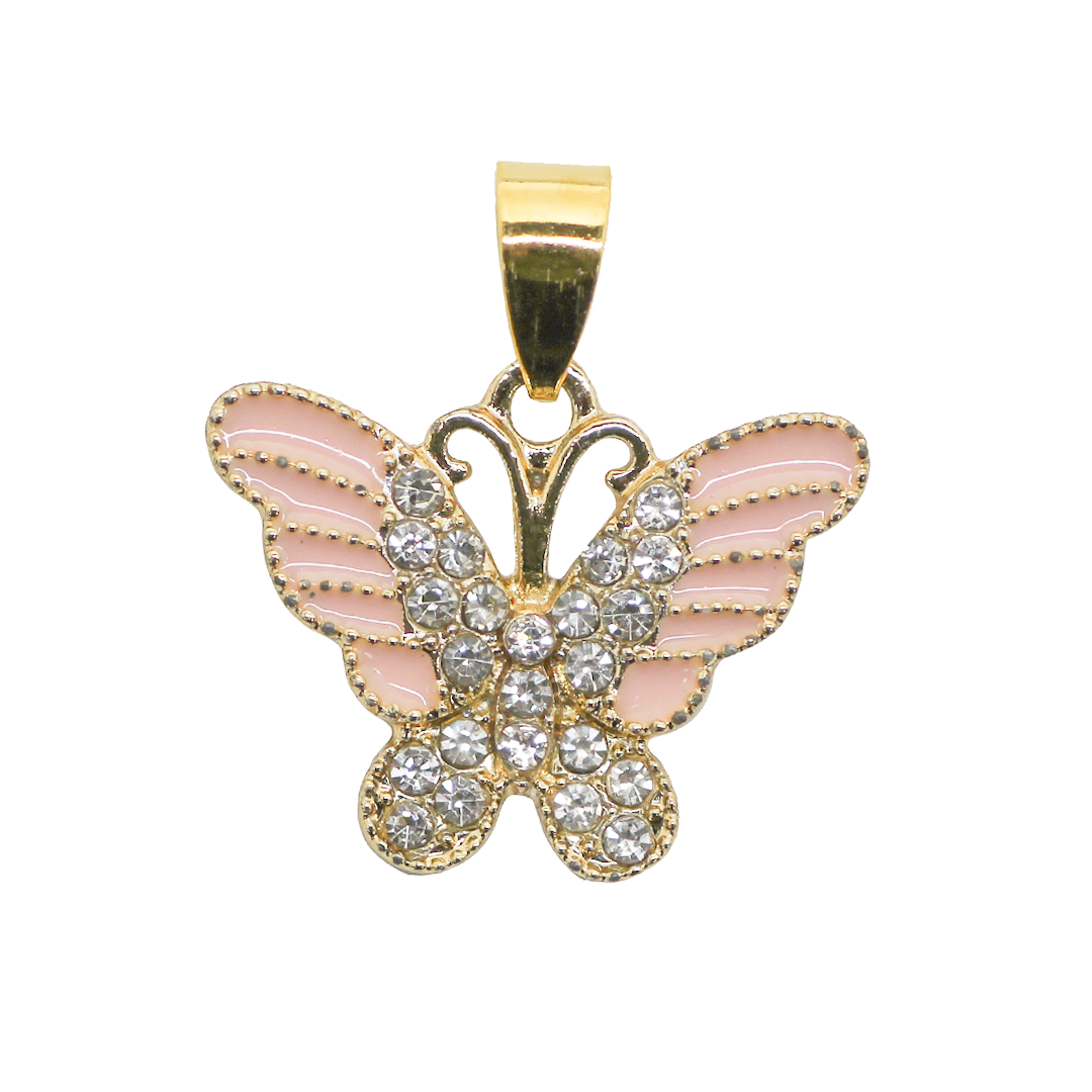 Pendant, Enamel Rhinestone Butterfly, Pink, Gold, Alloy, 18.5mm x 23mm x 3mm, Sold Per pkg of 1