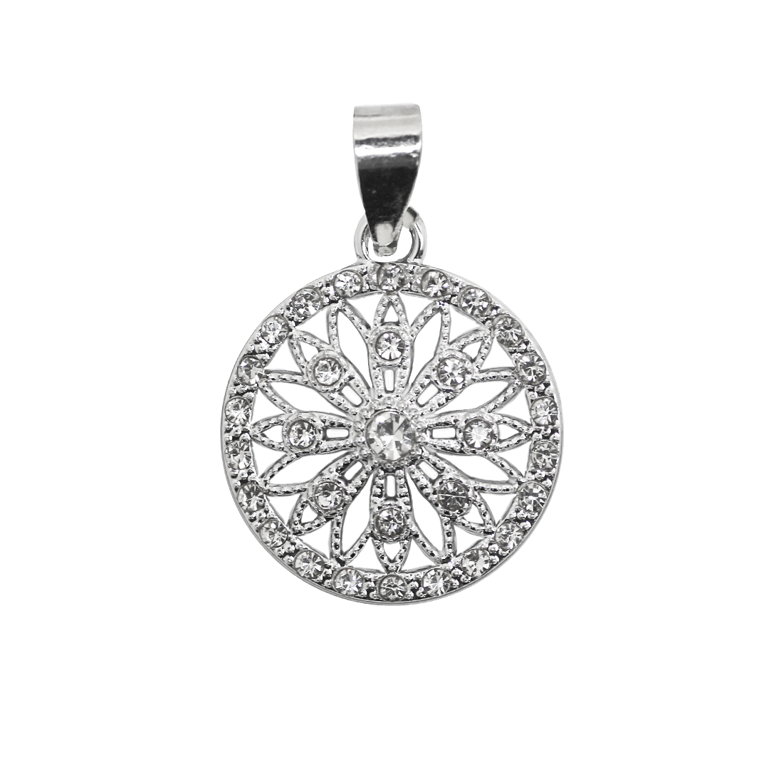 Pendant, Rhinestone Round Flower, Silver, Alloy, 22.5mm x 19.5mm x 2mm, Sold Per pkg of 1