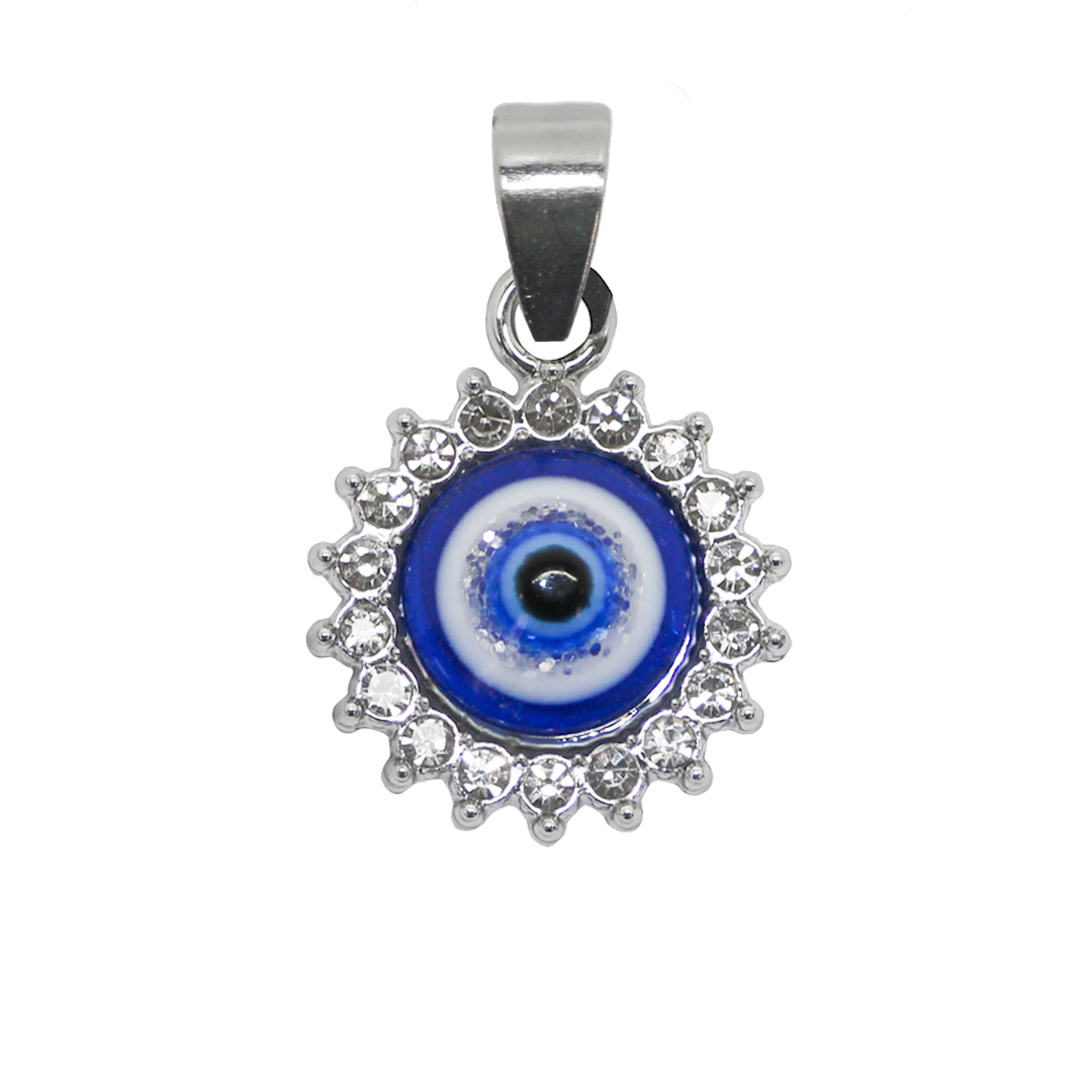 Pendant, Enamel Rhinestone Round Evil Eye, Silver, Alloy, 20mm x 16.5mm x 4.5mm, Sold Per pkg of 1