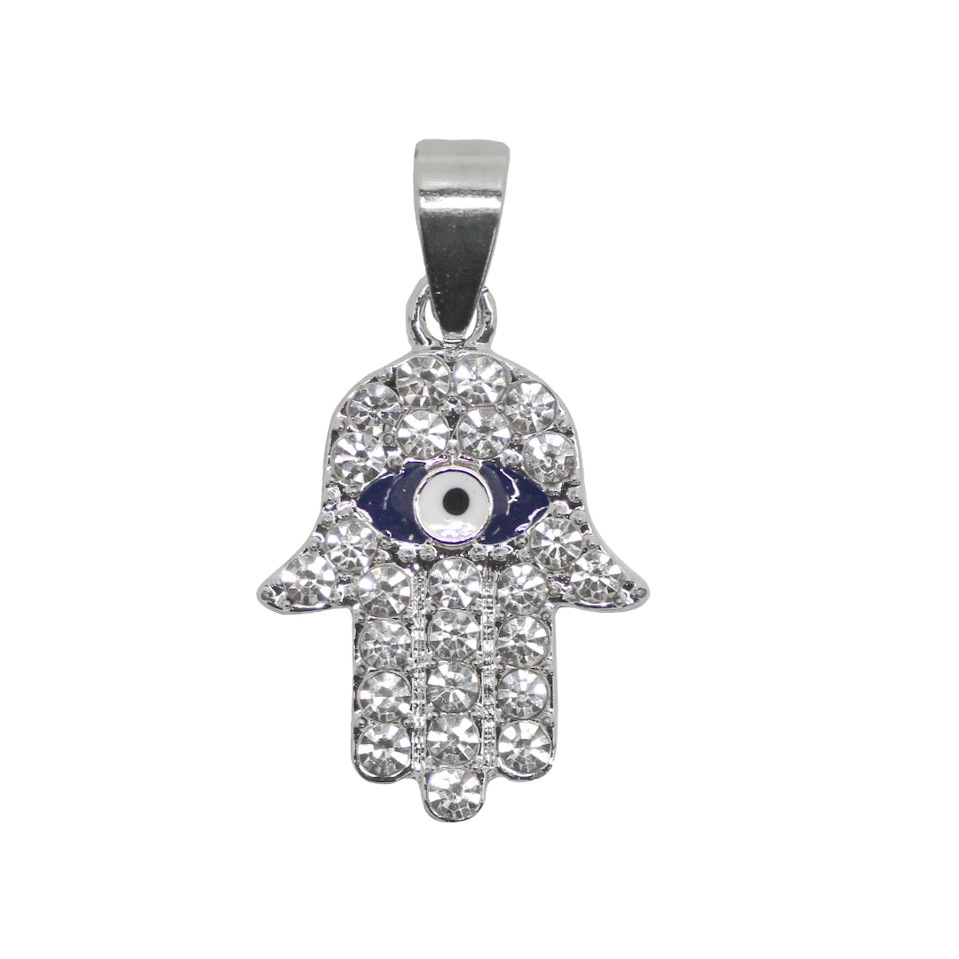 Pendant, Rhinestone Hamsa Hand Enamel Evil Eye, Silver, Alloy, 23mm x 16.5mm x 2.5mm, Sold Per pkg of 1