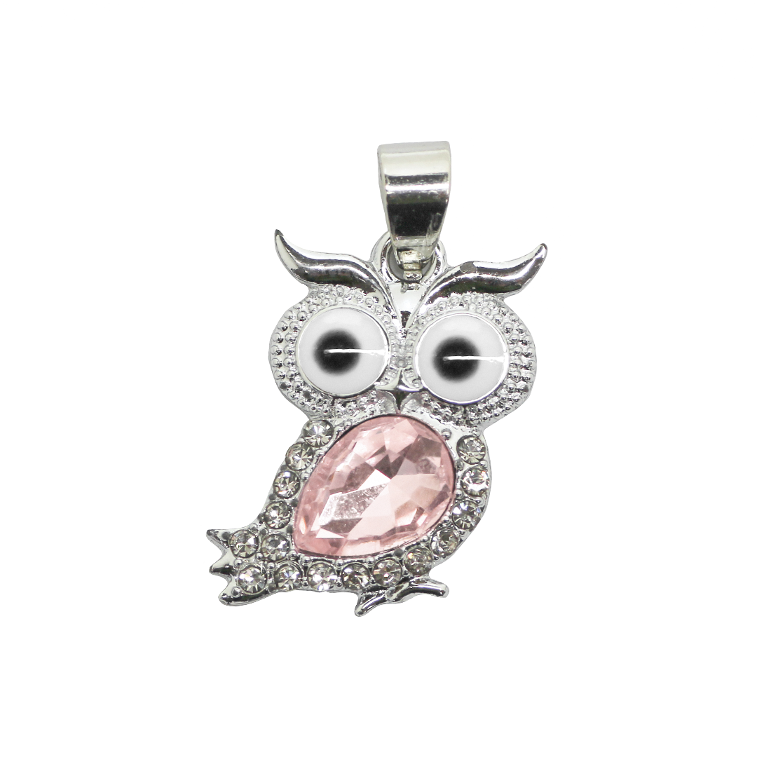 Pendant, Enamel Eye Rhinestone Owl, Silver, Alloy, 22mm x 17mm x 4.5mm, Sold Per pkg of 1