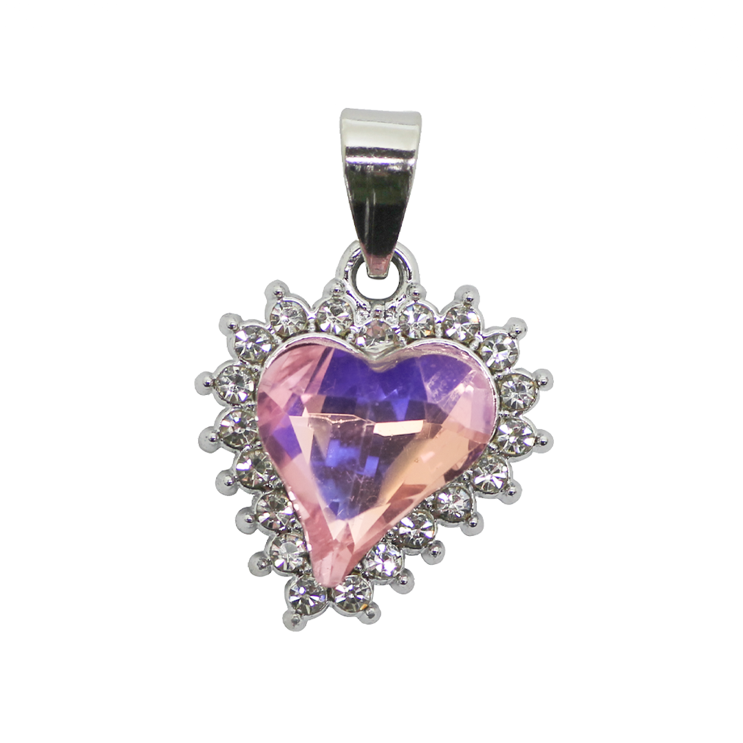 Pendant, Pink Rhinestone Heart, Silver, Alloy, 20mm x 18mm x 6.5mm, Sold Per pkg of 1