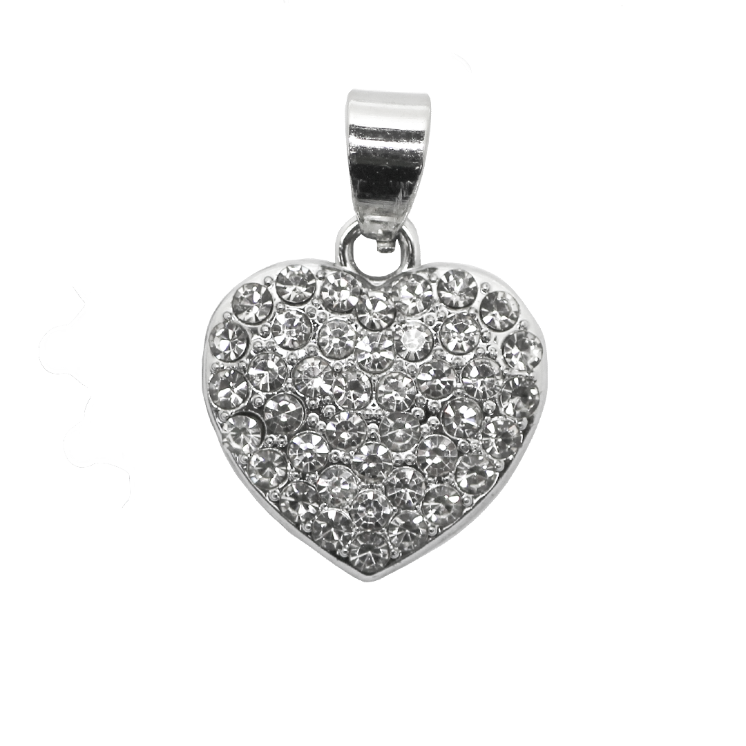 Pendant, Rhinestone Heart, Silver, Alloy, 18mm x 17mm x 3mm, Sold Per pkg of 1