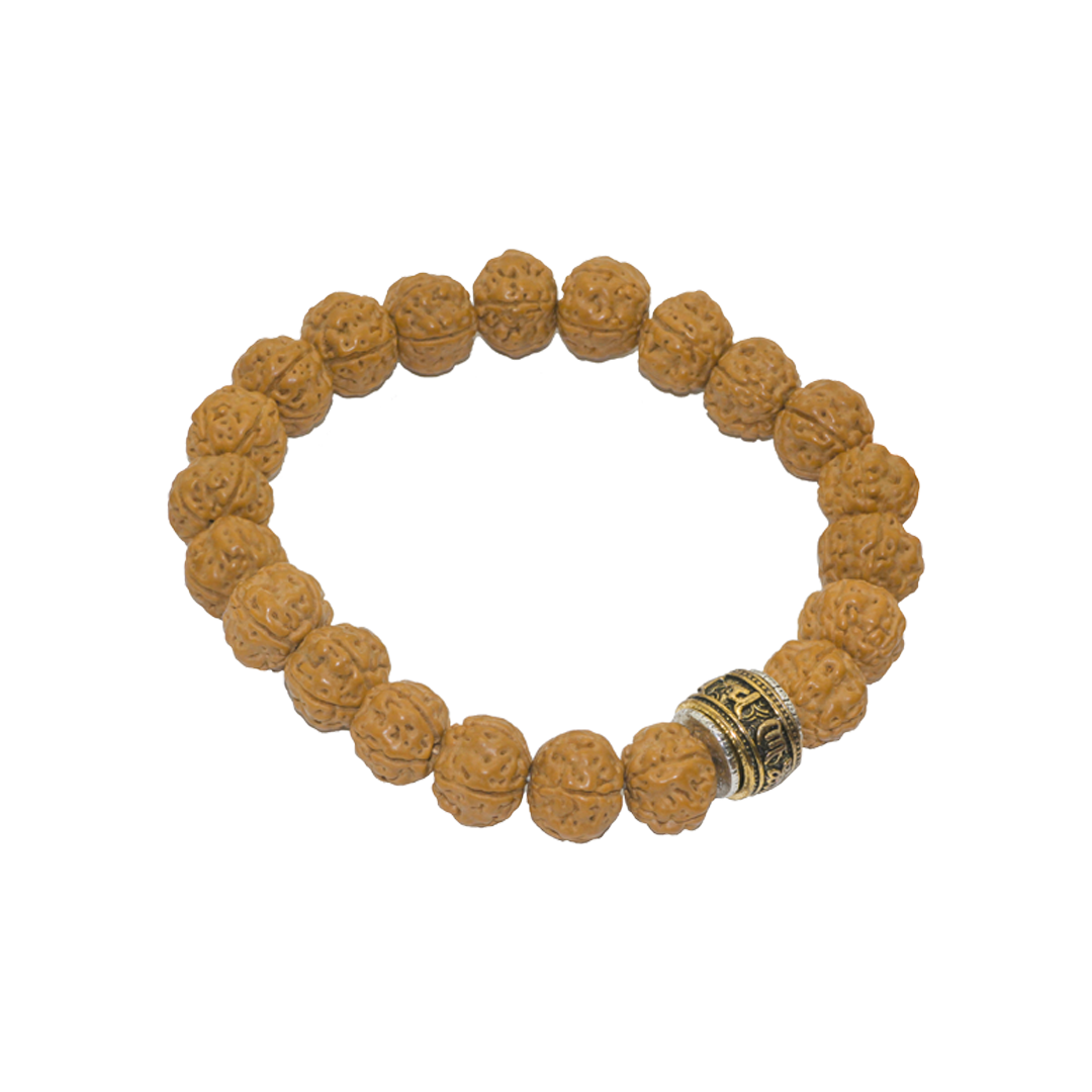 Bracelet - Wooden Rudraksha Bead Bracelet - Gold Alloy Charm Bead Design - Approx 10mm
