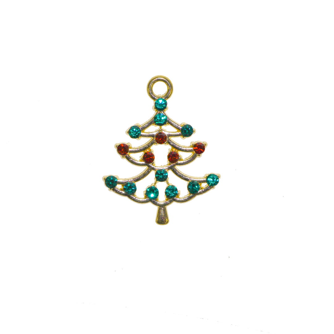 Charms, Christmas Tree, Gold, Alloy, Green and Red Rhinestones, 22mm x 17mm x 2.3mm, Sold Per pkg of 8