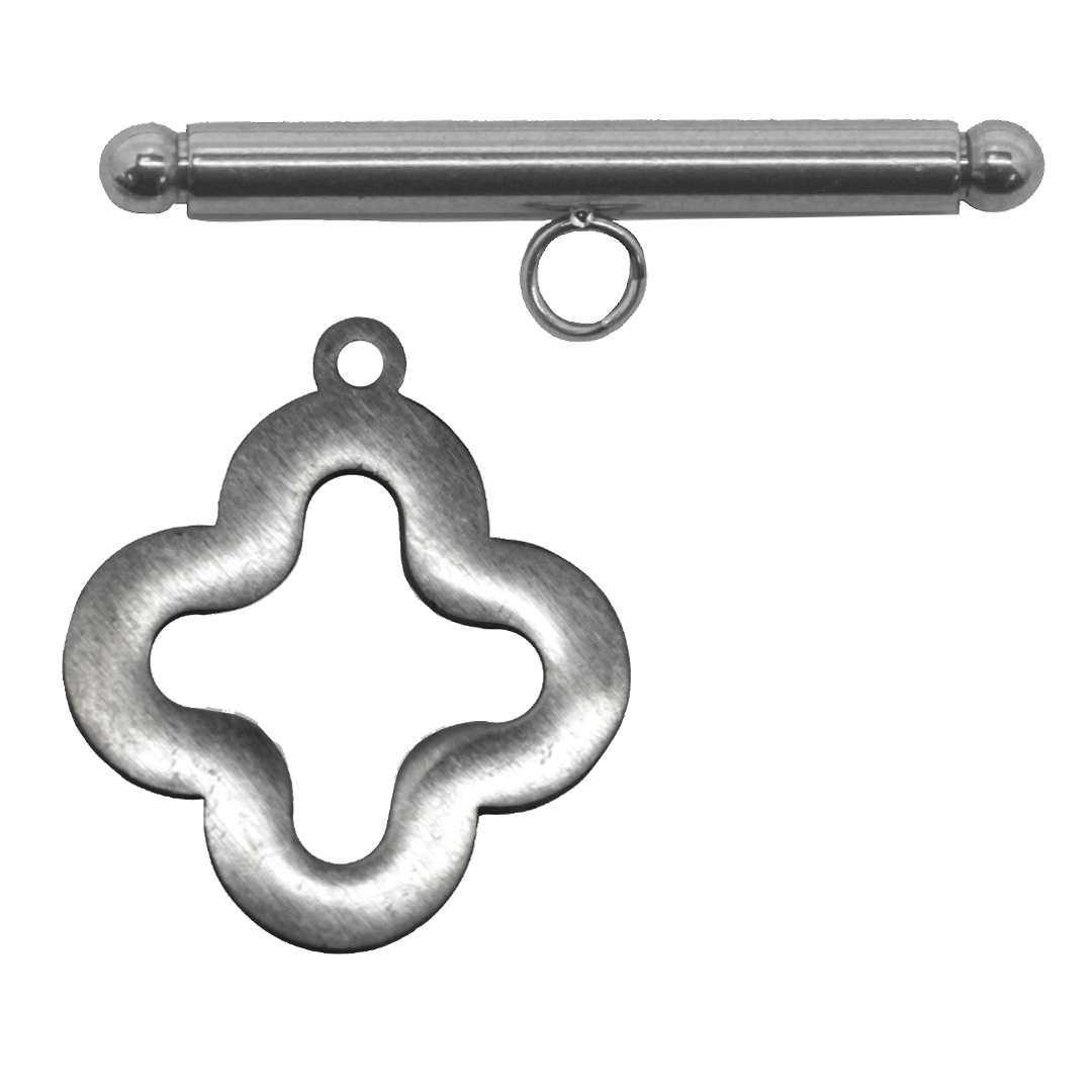 Clasp, Clover Toggle, Silver, Stainless Steel, 22mm x 20mm (Ring), 30mm x 7mm (Bar) - 1 Pair