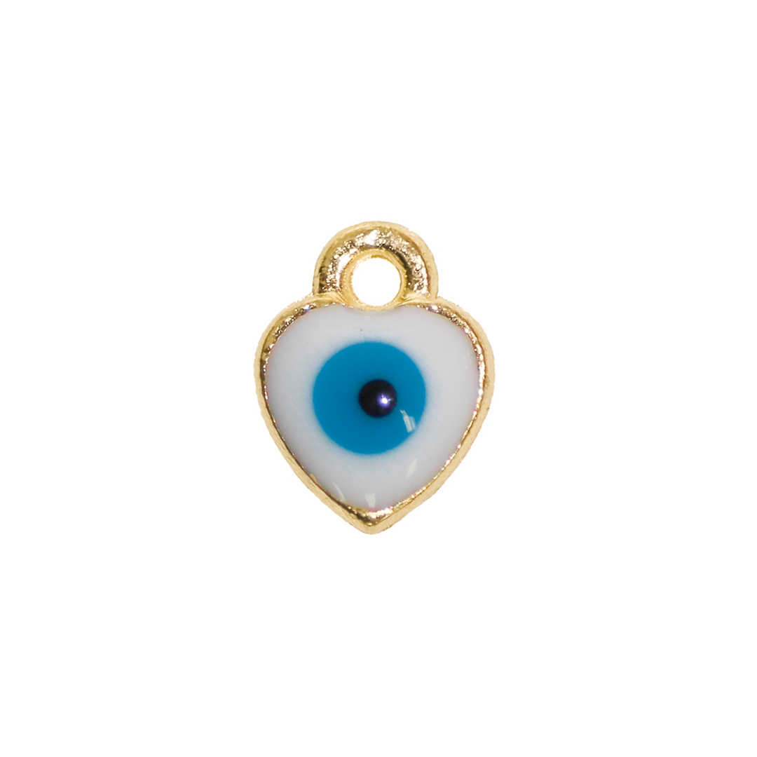 Charm, Heart Evil Eye, White & Turquoise, Gold, Alloy, 7.5mm x 6mm x 4mm, Sold Per pkg of 15