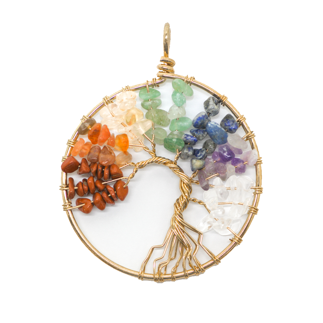 Pendant, Tree of Life, Mixed Gemstones, Alloy, 65mm x 50mm, Sold Per pkg of 1
