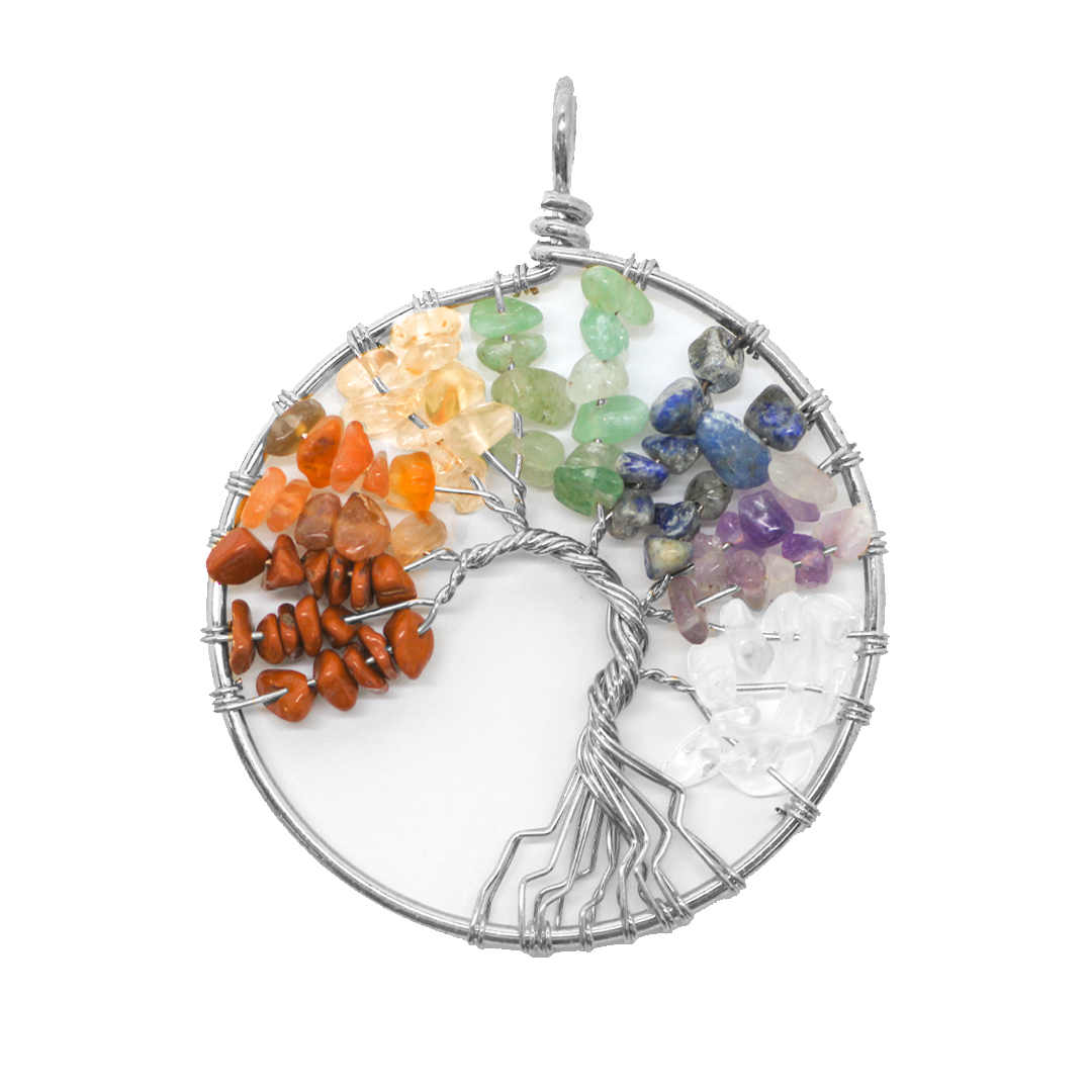 Pendant, Tree of Life, Mixed Gemstones, Alloy, 65mm x 50mm, Sold Per pkg of 1