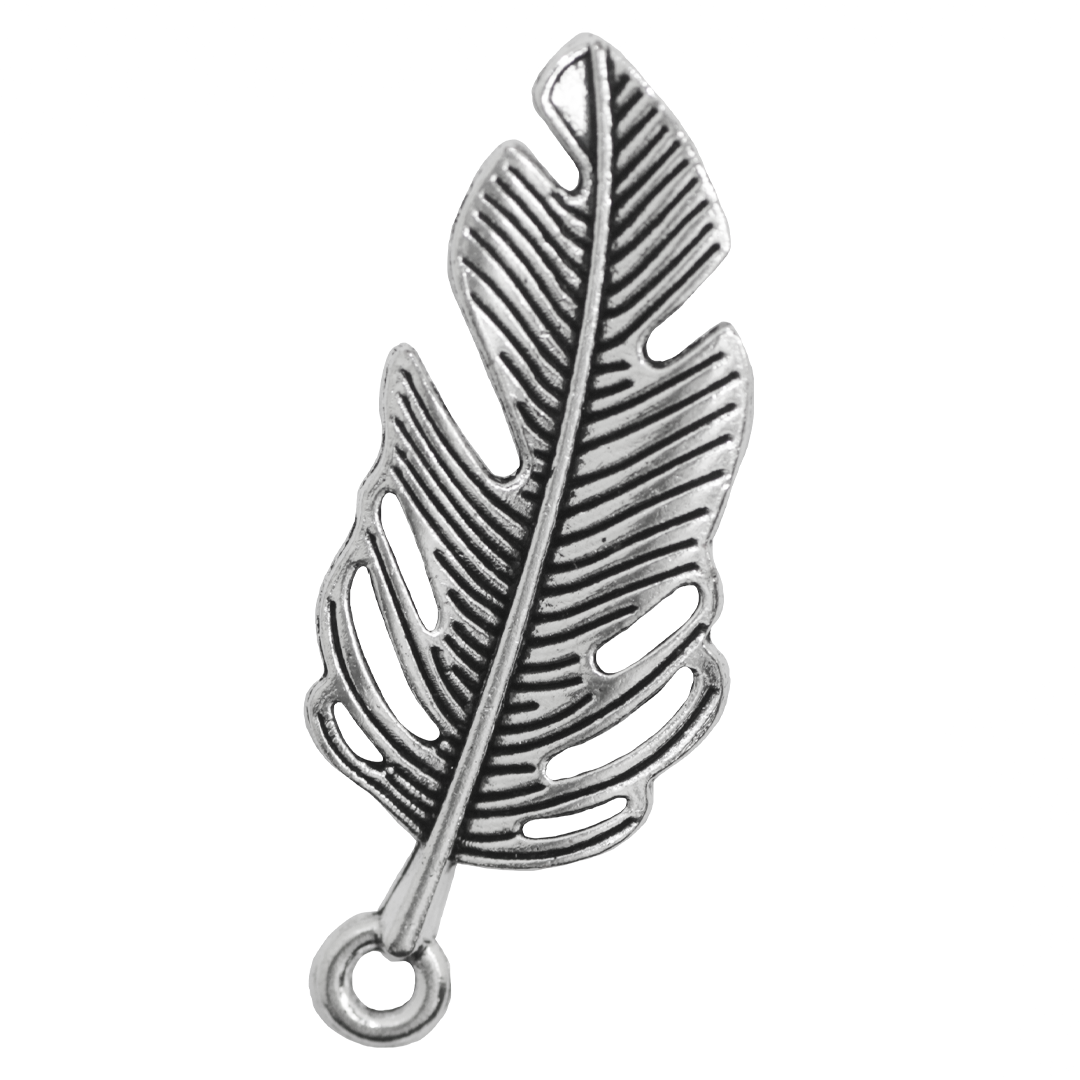 Pendant, Feather, Silver, Alloy, 39mm x 15.5mm x 2mm, Sold Per pkg of 8