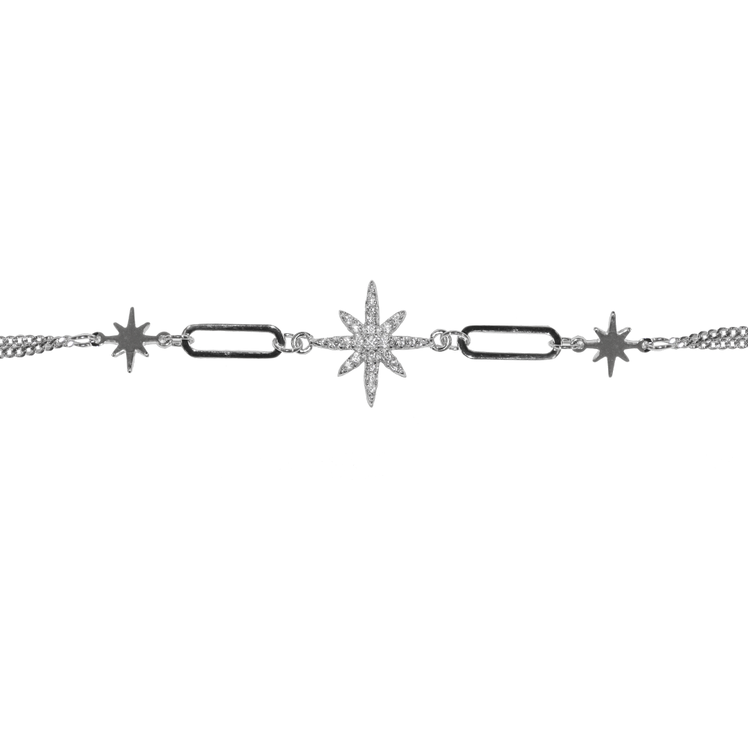 Double Curb Chain Star Bracelet, 925 Sterling Silver, 6″ + 1.5" extension- 1 Pc