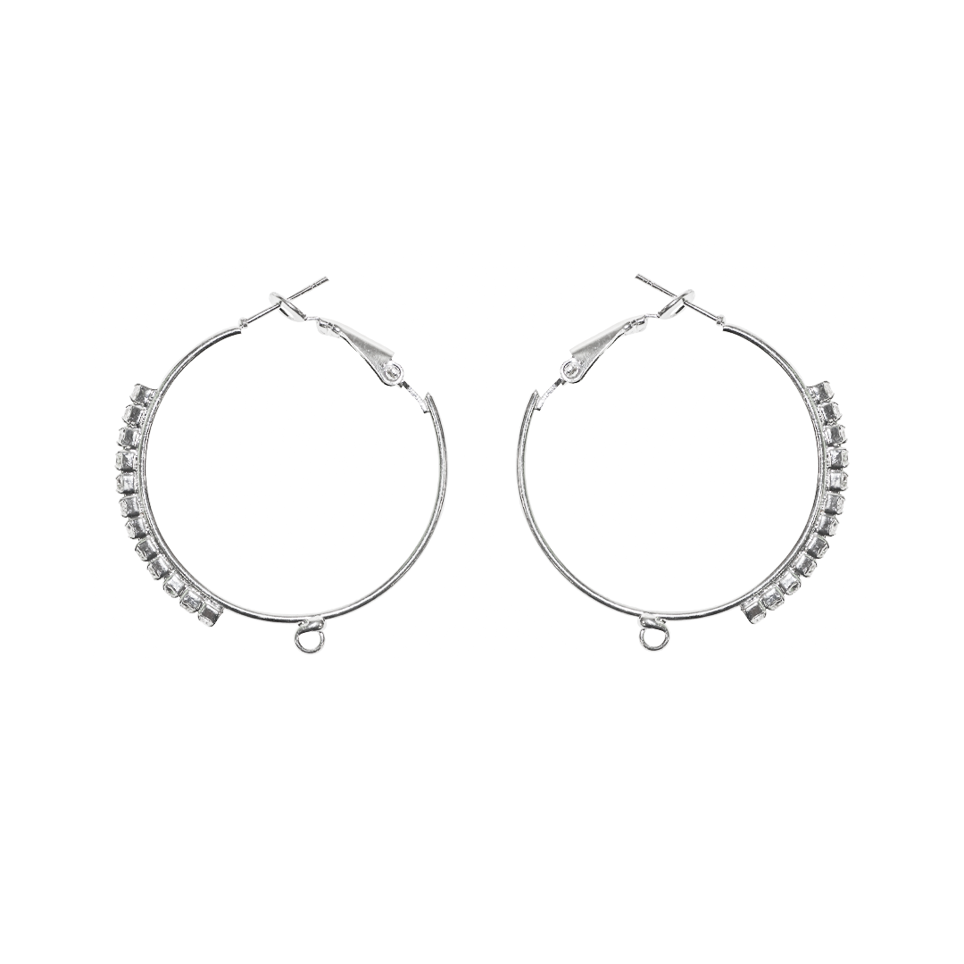 Earrings, Rhinestone Hoops, Bright Silver, Alloy, 41mm x 36mm, Sold Per pkg of 1 pair