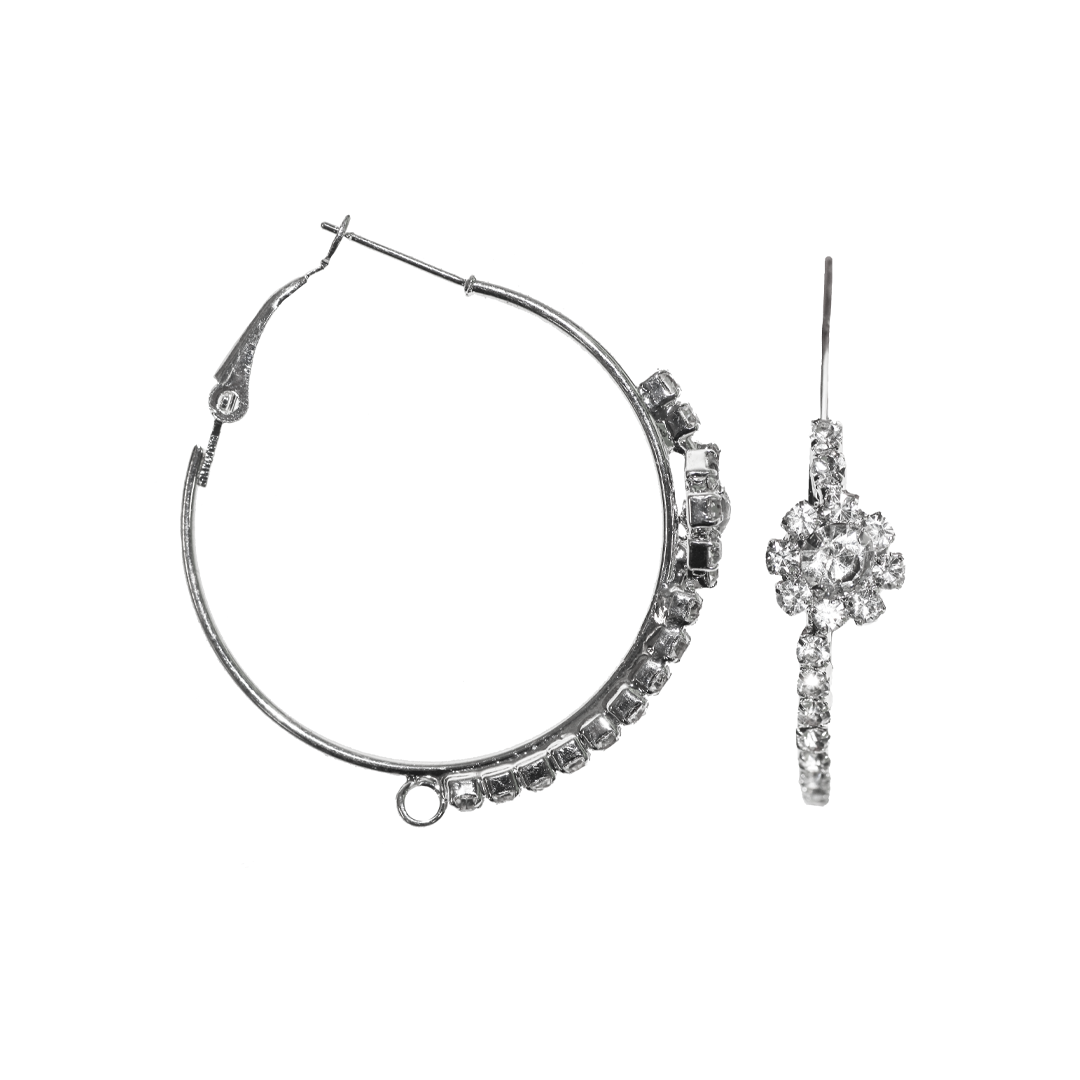 Earrings, Flower Rhinestone Hoops, Bright Silver, Alloy, 42mm x 36mm, Sold Per pkg of 1 pair