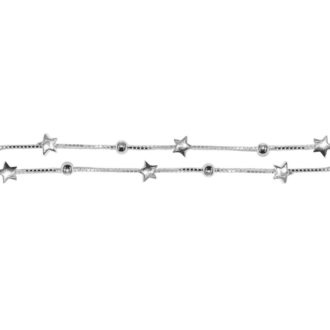 Star and Ball Box Chain Bracelet, 925 Sterling Silver, 6.5" + 1.5" extension - 1 Pc