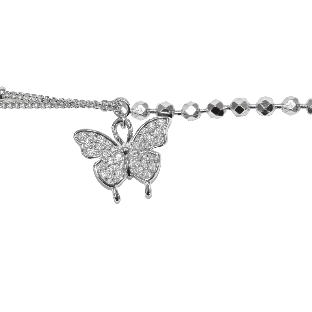 Double Curb Chain and Beaded Chain Butterfly Bracelet, 925 Sterling Silver, 6.5″ + 1.5" extension- 1 Pc