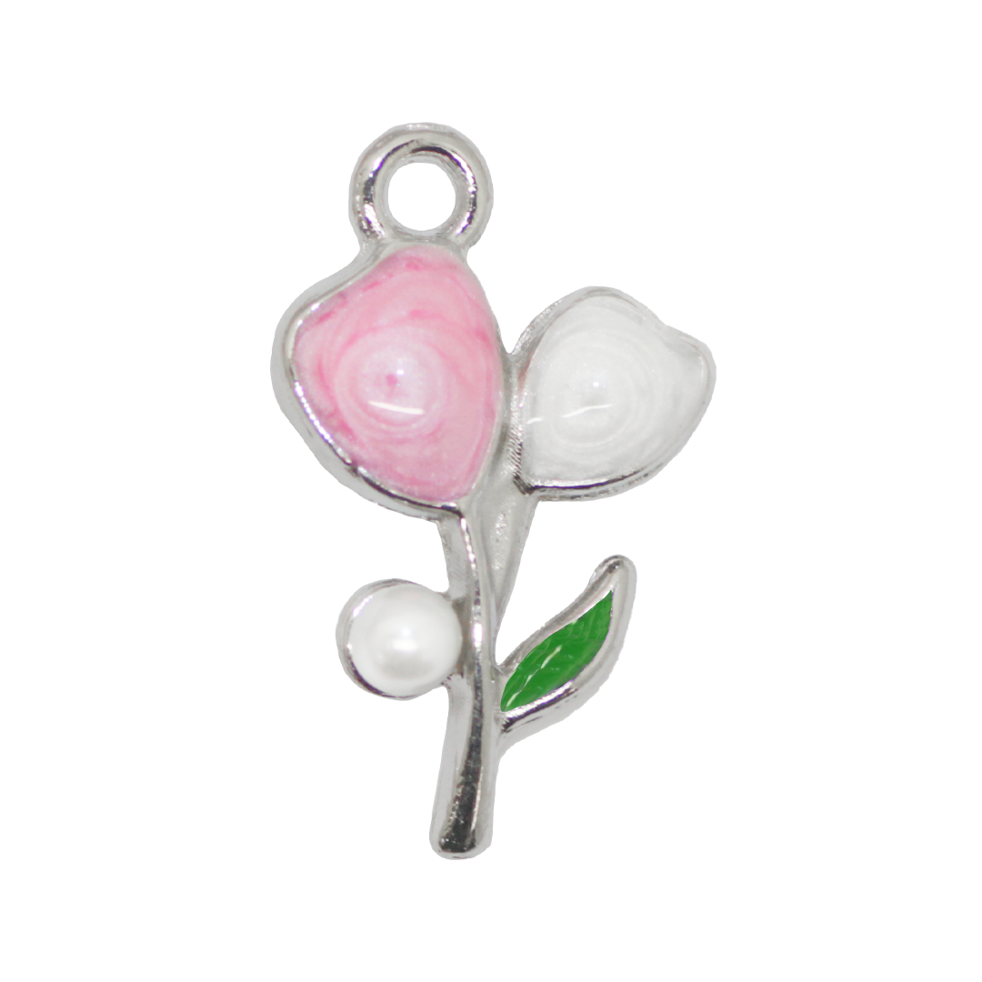Charm, Tulip, Enameled, Pink and White, Alloy, 19mm x 11mm x 2.5mm, Sold Per pkg of 12