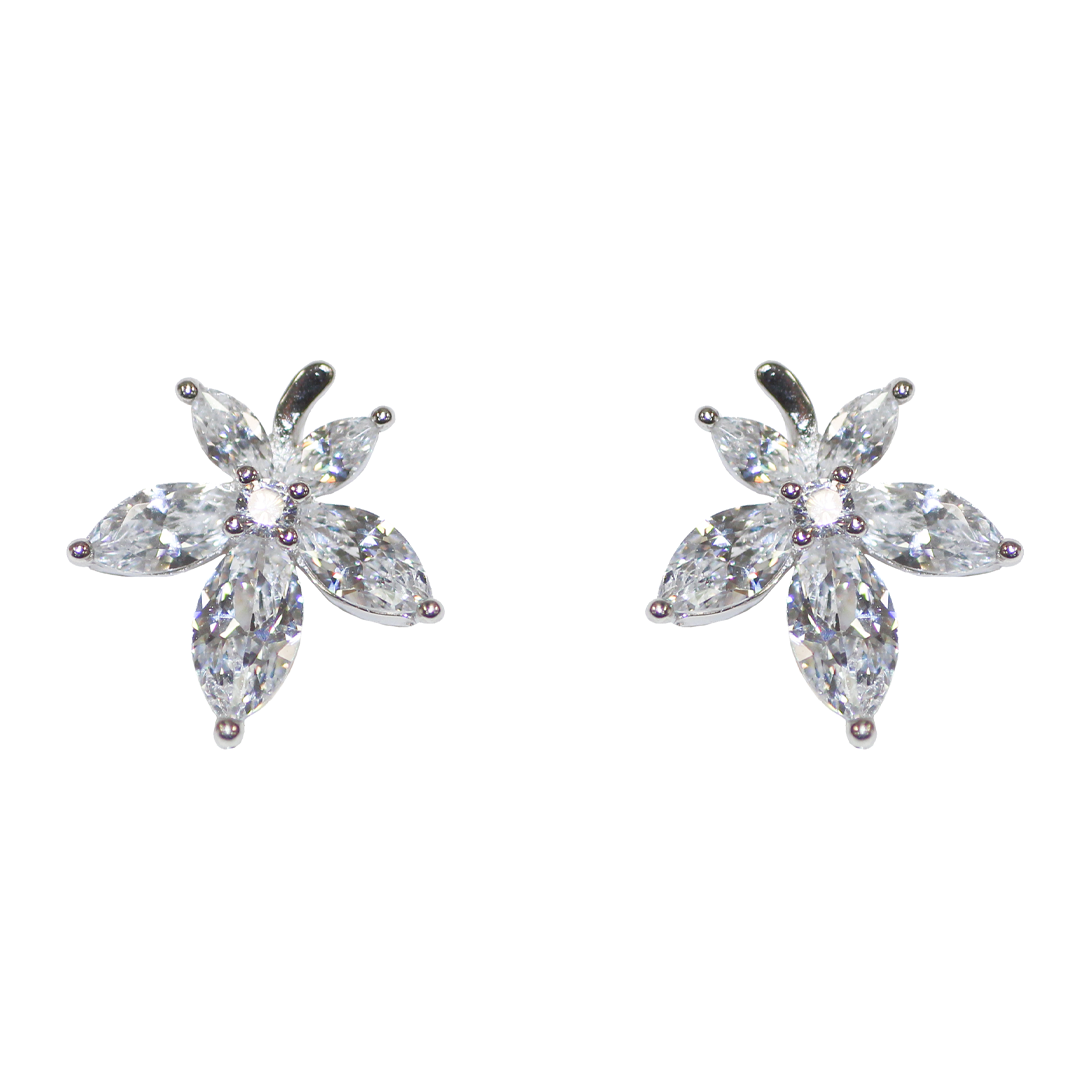 Earrings, Cubic Zirconia Cannabis Stud, 925 Sterling Silver, 13.5mm x 12.5mm, Sold per pkg of 1 pair