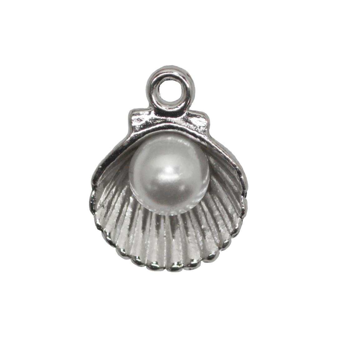Charm, Seashell with Pearl, Silver, Alloy, 15mm x 11.5mm x 7mm, Sold Per pkg of 10