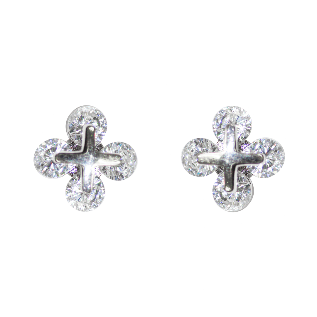 Earrings, Cubic Zirconia Flower Stud, 925 Sterling Silver, 7mm, Sold per pkg of 1 pair