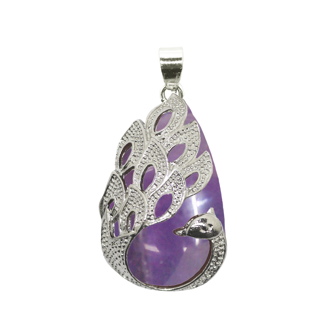 Gemstone Pendant, Peacock, Silver, Alloy, 32.5mm x 19mm x 9.5mm, Available in Multiple Gemstones, 1 pc