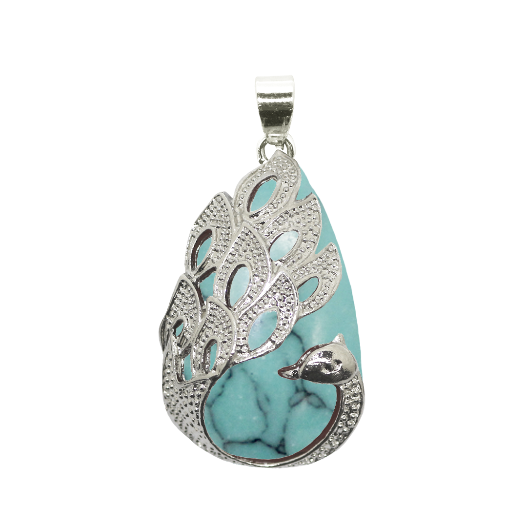 Gemstone Pendant, Peacock, Silver, Alloy, 32.5mm x 19mm x 9.5mm, Available in Multiple Gemstones, 1 pc