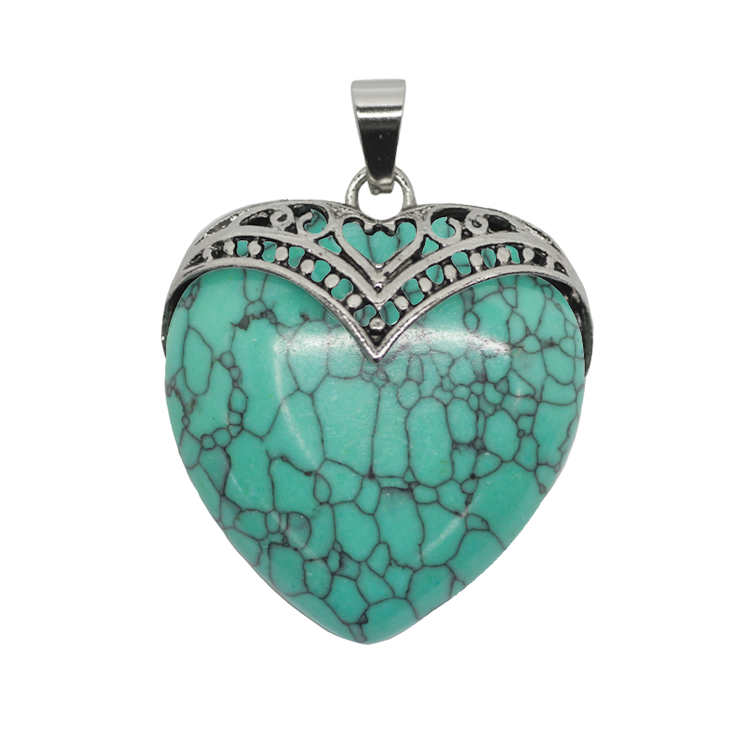 Gemstone Pendant, Heart, Silver, Alloy, 33mm x 31mm x 9.5mm, Available in Multiple Gemstones, 1 pc