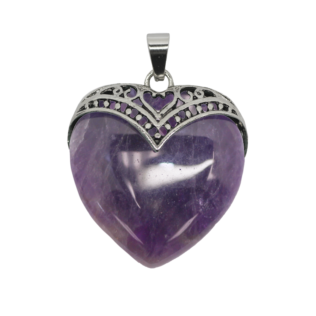 Gemstone Pendant, Heart, Silver, Alloy, 33mm x 31mm x 9.5mm, Available in Multiple Gemstones, 1 pc